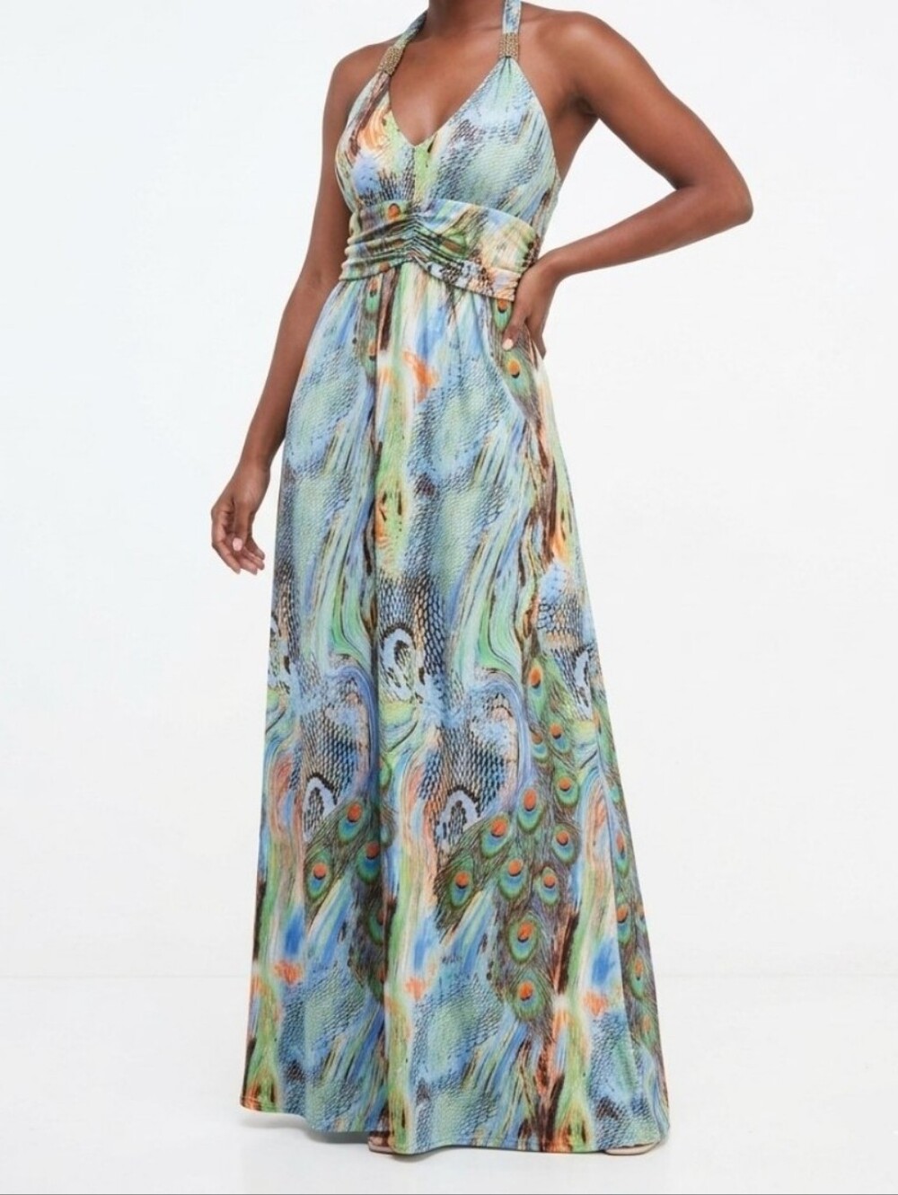 Shoreline Halter Dress Womens Blue Green Peacock Beaded Smocked Back Padded L XL
